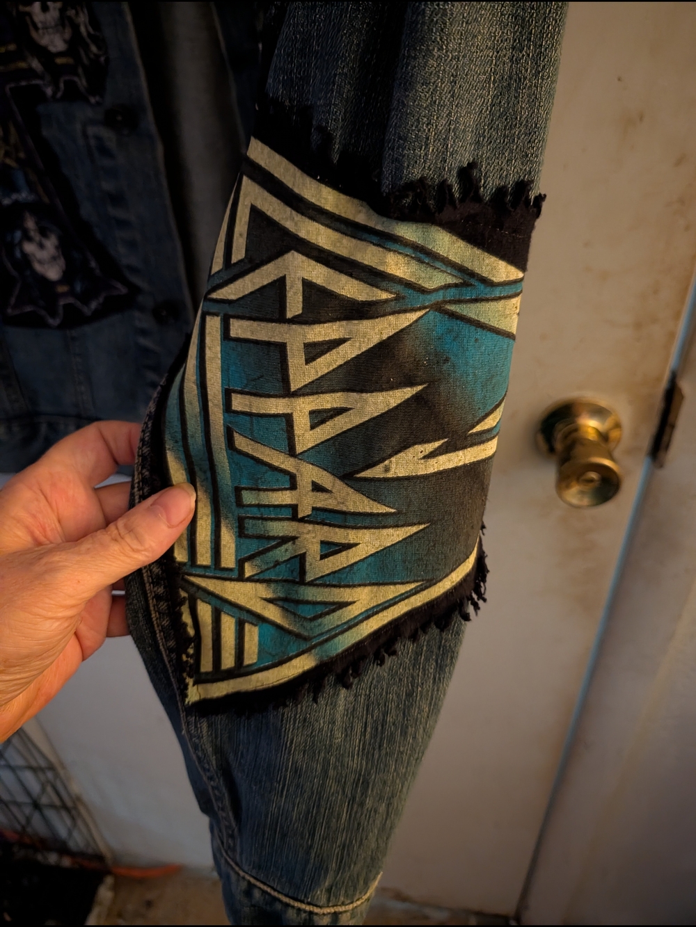 Custom Denim Jacket with Ozzy Osbourne Patch and Skull Cross - Picture 4 of 10